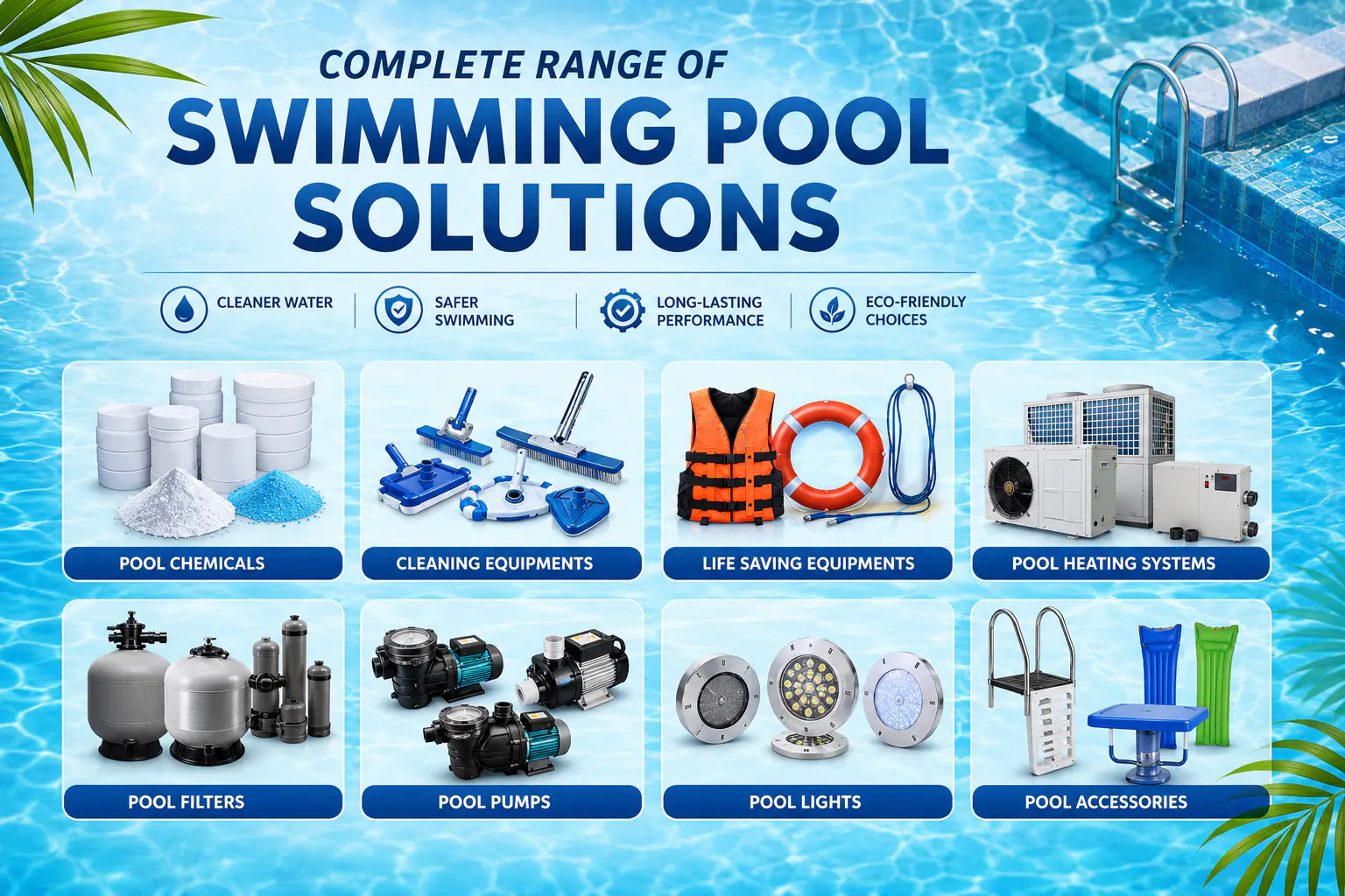 Modern swimming pool with clear blue water and integrated pool equipment